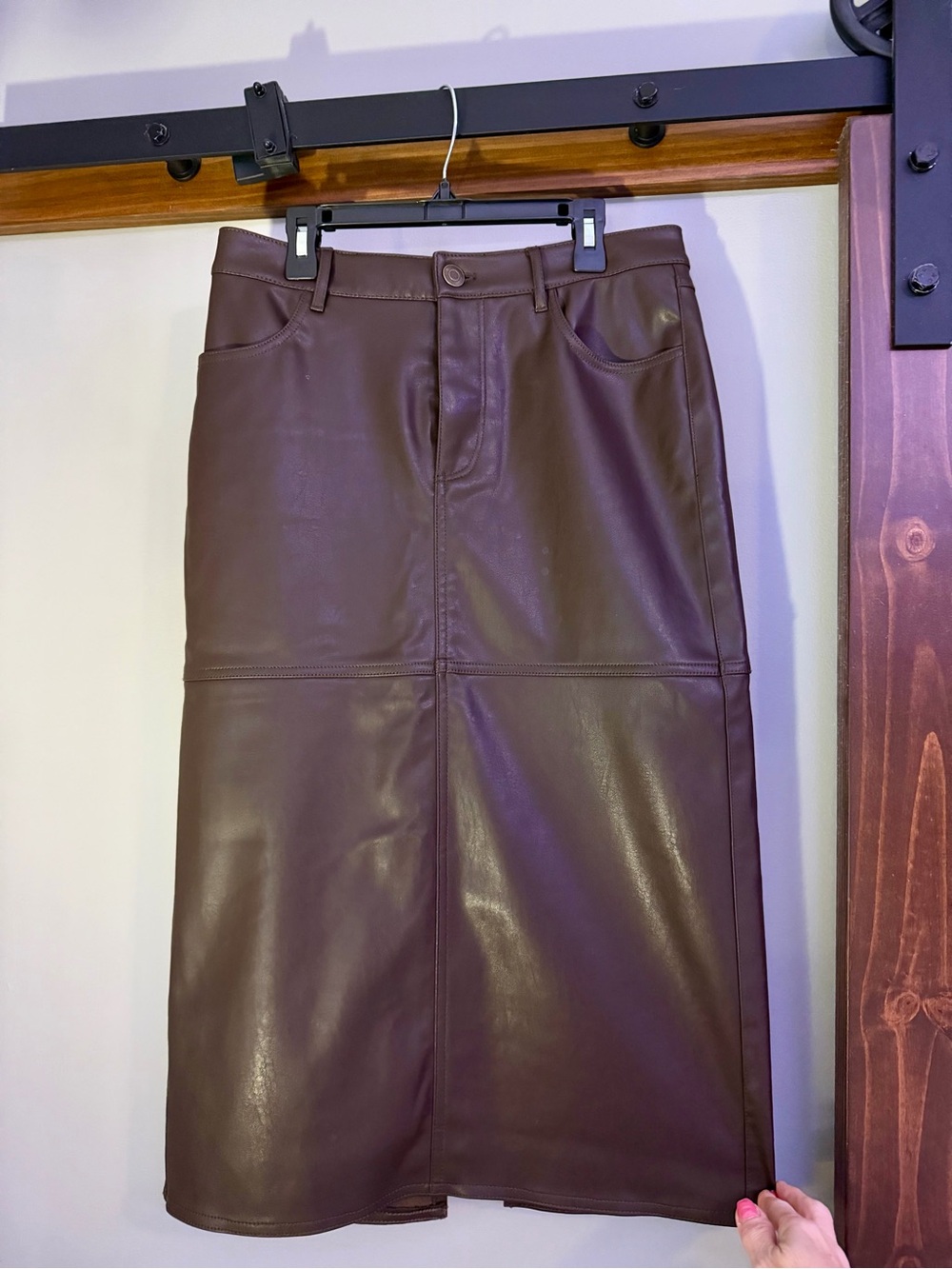 Divided Brown Faux Leather Midi Pencil Skirt